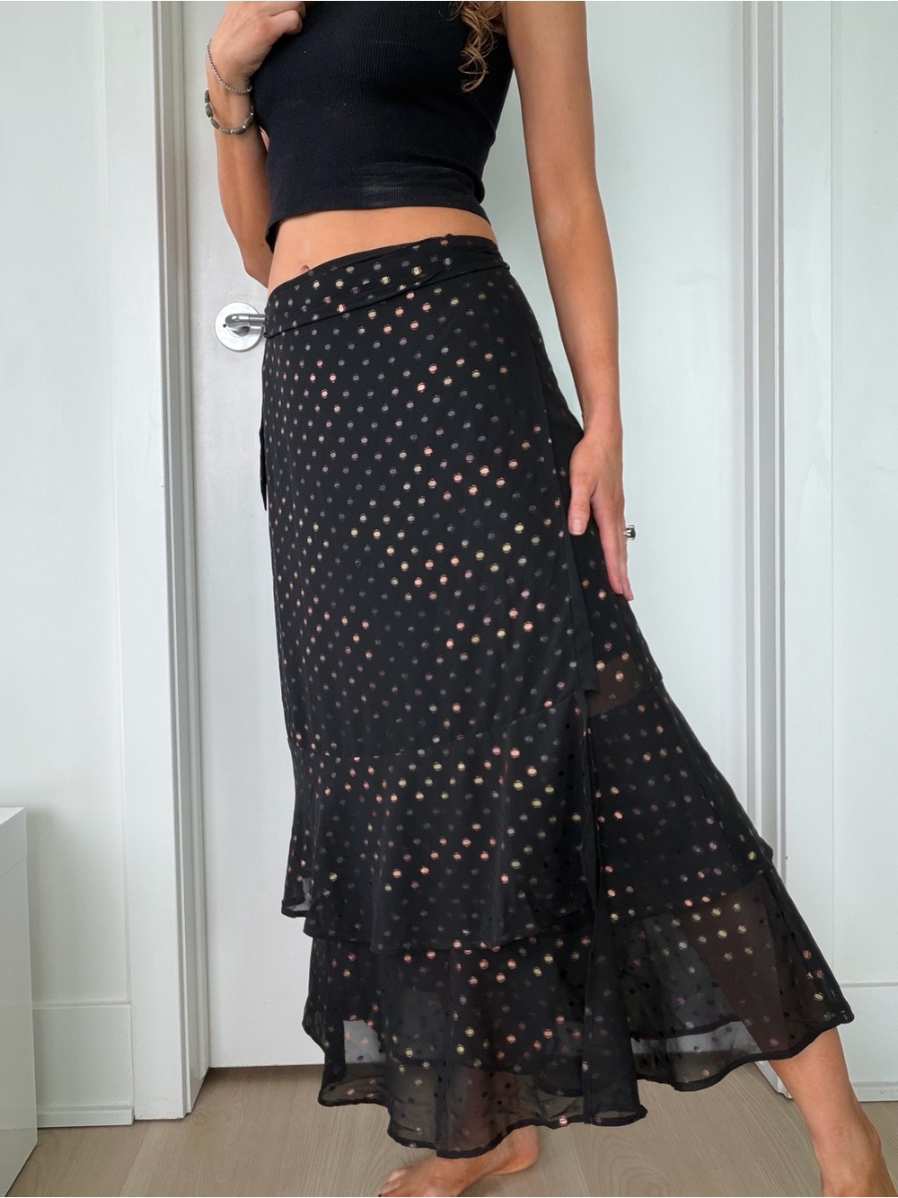 june & hudson 2 tiered wrap skirt w/metallic multi tone polka dot print
